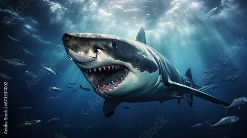 Ocean shark underwater bottom view  open toothy dangerous mouth  blue sea clear water