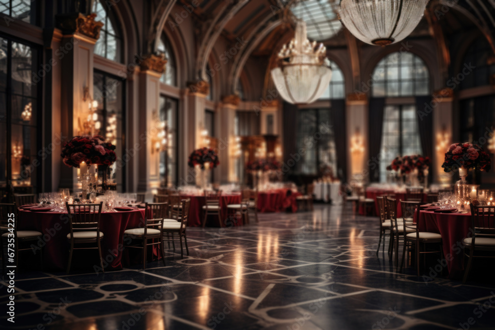 Fototapeta premium An elegant ballroom adorned with chandeliers, ready for a glamorous soirée. Concept of opulence and celebration. Generative Ai.