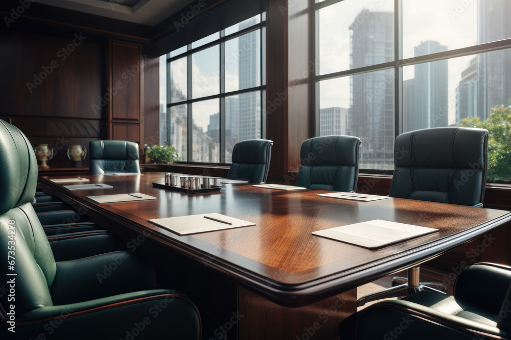 A corporate boardroom with a polished table and leather chairs. Concept of business meetings and decision-making. Generative Ai.