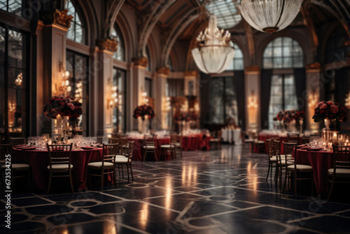 An elegant ballroom adorned with chandeliers, ready for a glamorous soirée. Concept of opulence and celebration. Generative Ai. © Sebastian