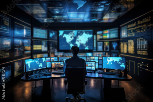 A technology-packed control room with numerous screens displaying data. Concept of monitoring and management. Generative Ai.