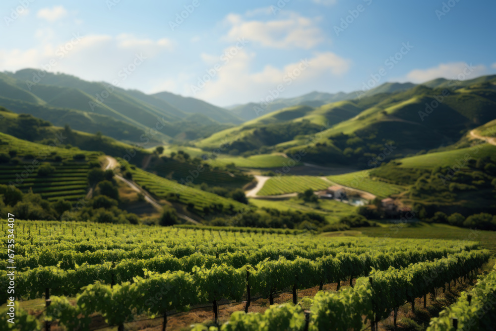 A rustic vineyard with rows of grapevines and a scenic backdrop of rolling hills. Concept of winemaking and agriculture. Generative Ai.