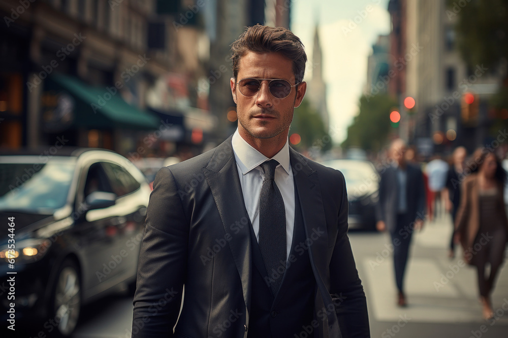 A stylish young man in a tailored suit, confidently walking through a bustling city. Concept of urban professionalism and success. Generative Ai.