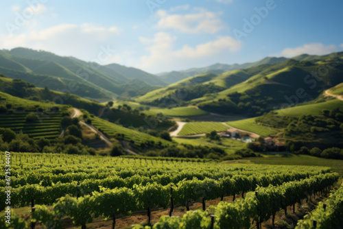 A rustic vineyard with rows of grapevines and a scenic backdrop of rolling hills. Concept of winemaking and agriculture. Generative Ai.
