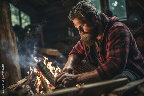 A rugged man with a beard and flannel shirt, chopping firewood in a remote cabin. Concept of self-sufficiency and off-grid living. Generative Ai. photo