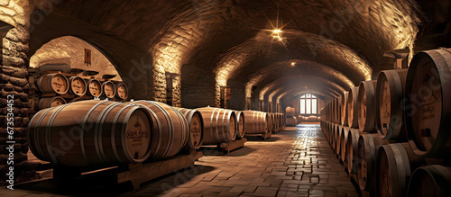 wine cellar with barrels. AI generated. photo