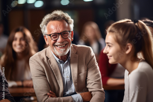 An elderly man with a kind smile, mentoring a group of young students. Concept of education and wisdom sharing. Generative Ai.