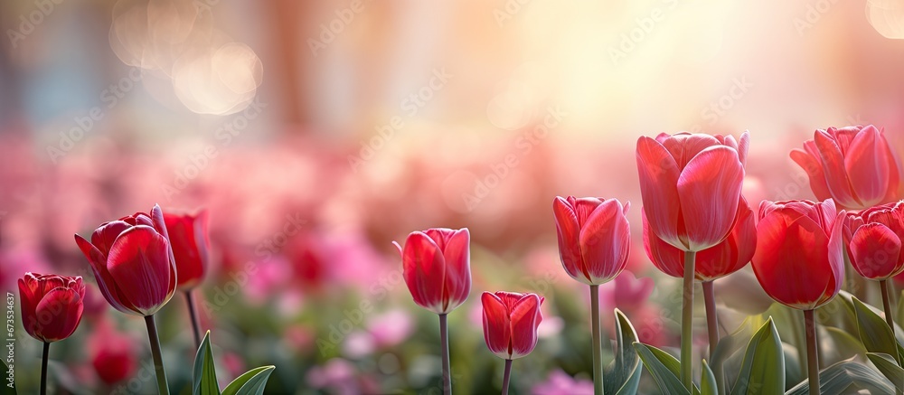 Obraz premium The garden is filled with vibrant red tulips in bloom