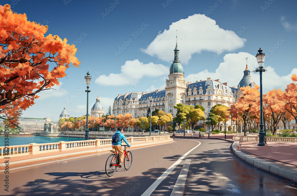 Fototapeta premium A bicyclist rides on the main avenue of Nice France