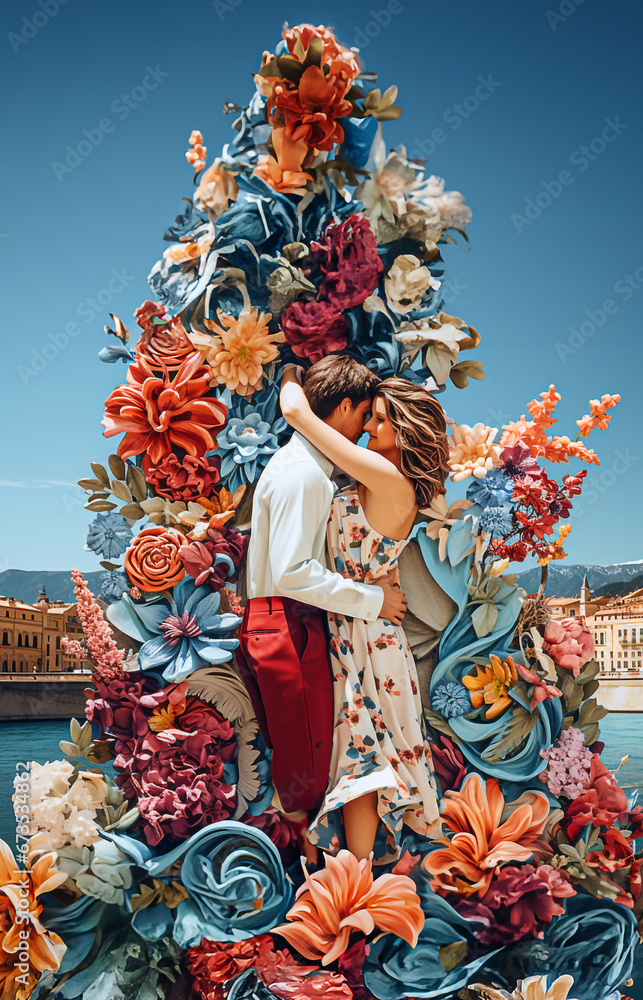 Fototapeta premium A couple hugs in front of a sculpture in Nice France