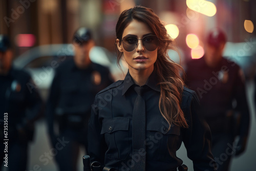 A female police officer patrolling the streets, ensuring safety and order in the community. Concept of law enforcement and duty. Generative Ai. photo