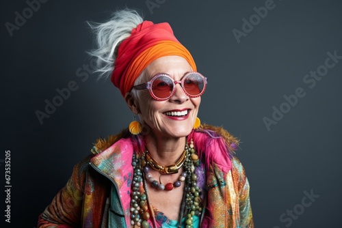 Portrait of happy senior woman in sunglasses and headscarf.