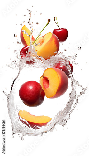 Cherries and Peach with Water Splashes, Transparent Background, PNG - Juicy Summer Fruits, Freshness Concept, Healthy Diet