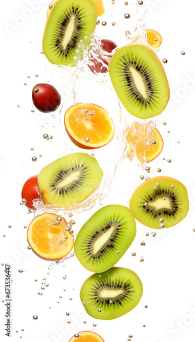 Kiwi, Cranberries, Papaya with Water Splashes, Transparent Background, PNG - Exotic Fruit Mix, Healthy Snack, High in Vitamins