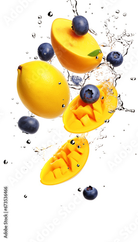 Mango and Blueberries with Water Splashes, Transparent Background, PNG - Tropical Fruit, Juicy Berries, Freshness Concept