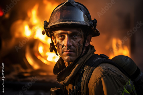 An American firefighter in action, showcasing the dedication of first responders. Generative Ai. © Sebastian