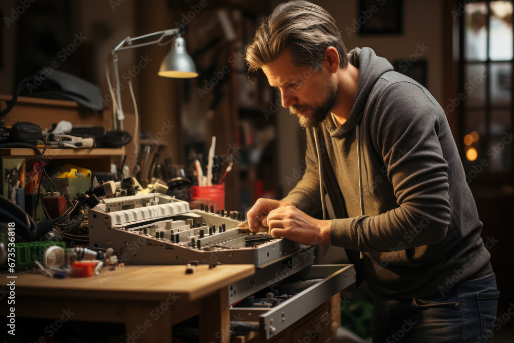 A father-to-be assembling baby furniture, getting ready for the new addition to the family. Generative Ai. A father-to-be assembling baby furniture, getting ready for the new addition to the family. Generative Ai.