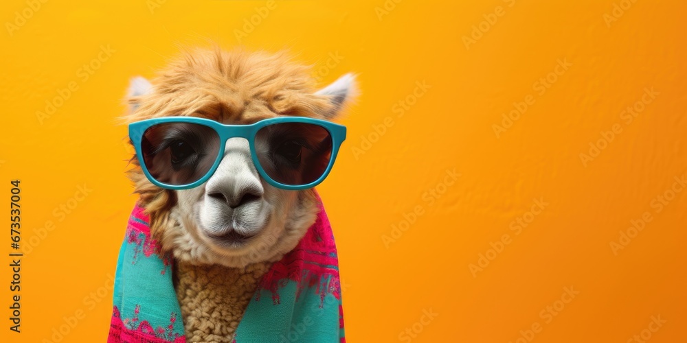 Cool llama with sunglasses in front of an orange background wall.