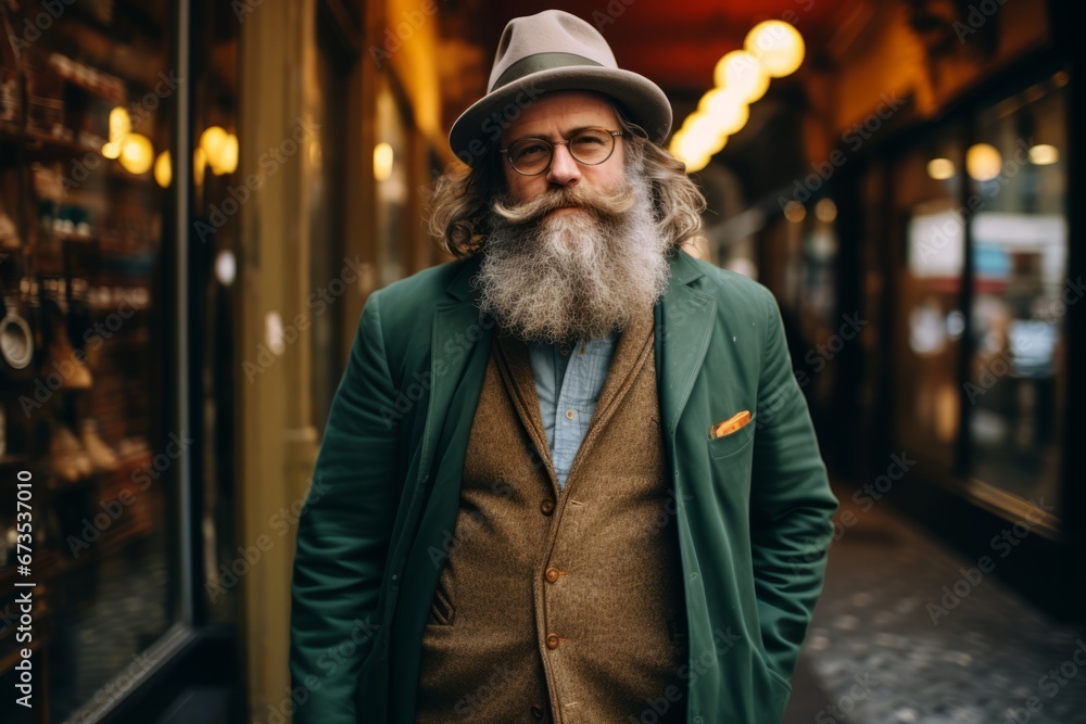 Portrait of a bearded hipster man in a green coat and hat. Portrait of a bearded hipster man in a green coat and hat.