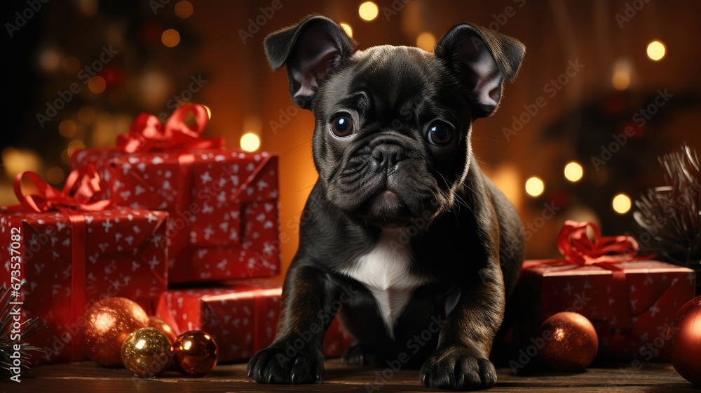 Cute French bulldog puppy on the background of red gift boxes, Christmas lights.