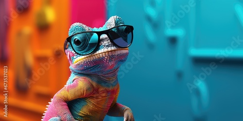 Cool chameleon with sunglasses in front of a colorful background wall.