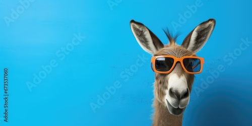 Cool hipster donkey with sunglasses in front of a blue background wall. 