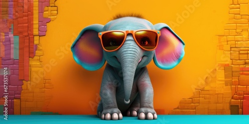 Cool and cute elephant with sunglasses in front of a colorful background wall. © Simon