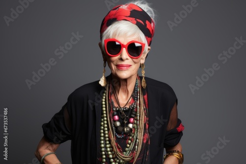 Fashionable senior woman in red sunglasses and headscarf.