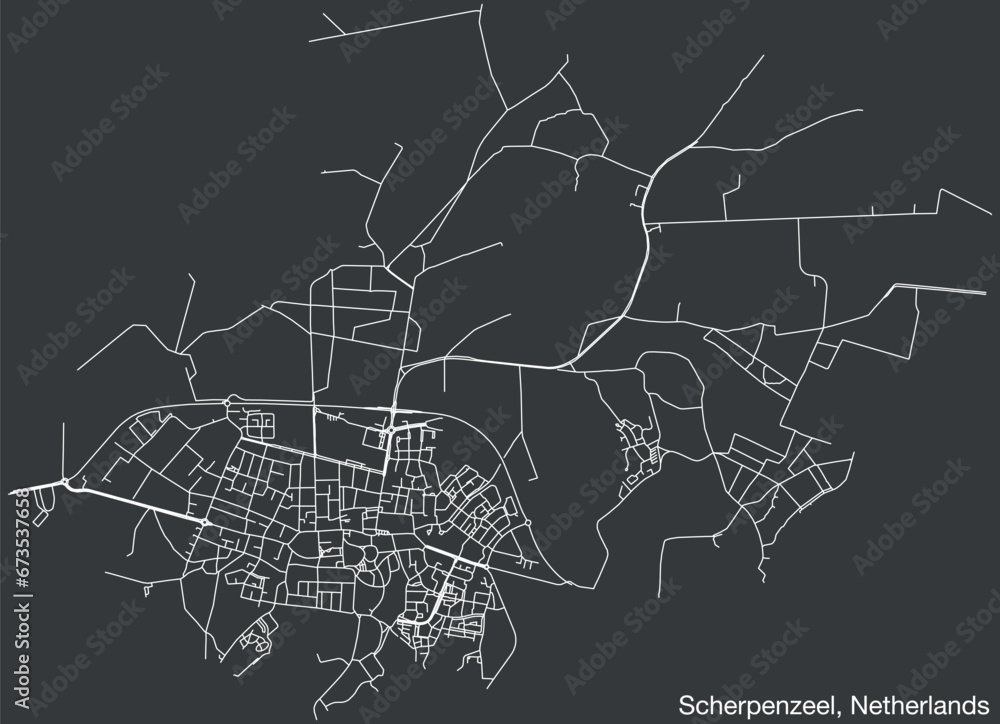 Detailed hand-drawn navigational urban street roads map of the Dutch city of SCHERPENZEEL, NETHERLANDS with solid road lines and name tag on vintage background
