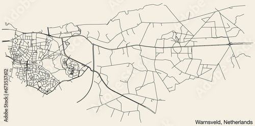 Detailed hand-drawn navigational urban street roads map of the Dutch city of WARNSVELD, NETHERLANDS with solid road lines and name tag on vintage background