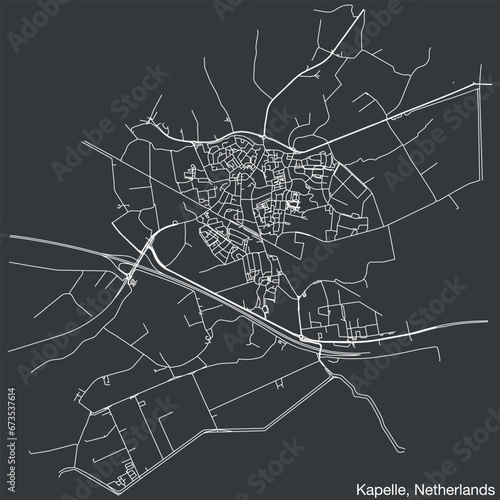 Detailed hand-drawn navigational urban street roads map of the Dutch city of KAPELLE, NETHERLANDS with solid road lines and name tag on vintage background