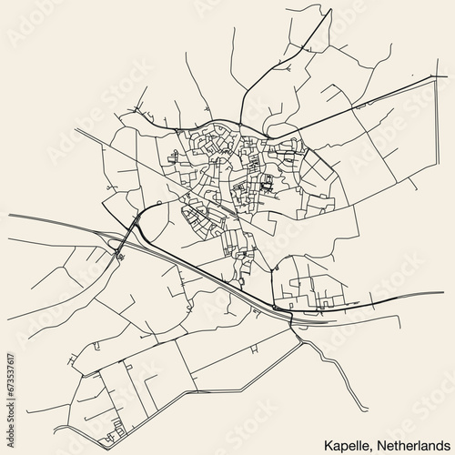 Detailed hand-drawn navigational urban street roads map of the Dutch city of KAPELLE, NETHERLANDS with solid road lines and name tag on vintage background