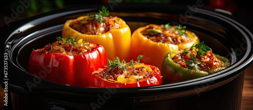 Prepared and placed a bell pepper filled with stuffing in a slow cooker primed for cooking