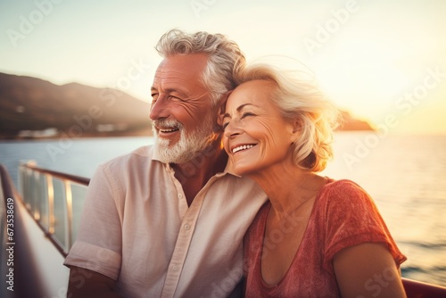 happy elderly couple having fun on the ship. pensioners traveling on a cruise ship photo