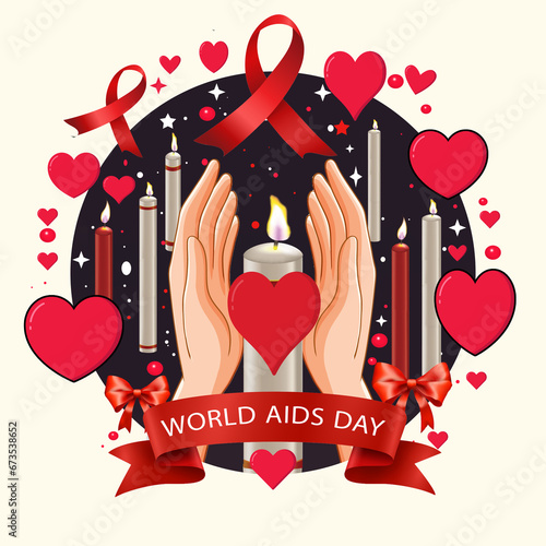 "The illustration depicts a hand holding a lit candle and a red ribbon, symbolizing solidarity and awareness for AIDS and support for patients."