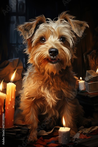 Cute Yorkshire Terrier dog next to Christmas candles, Christmas lights.  © Виктория Попова
