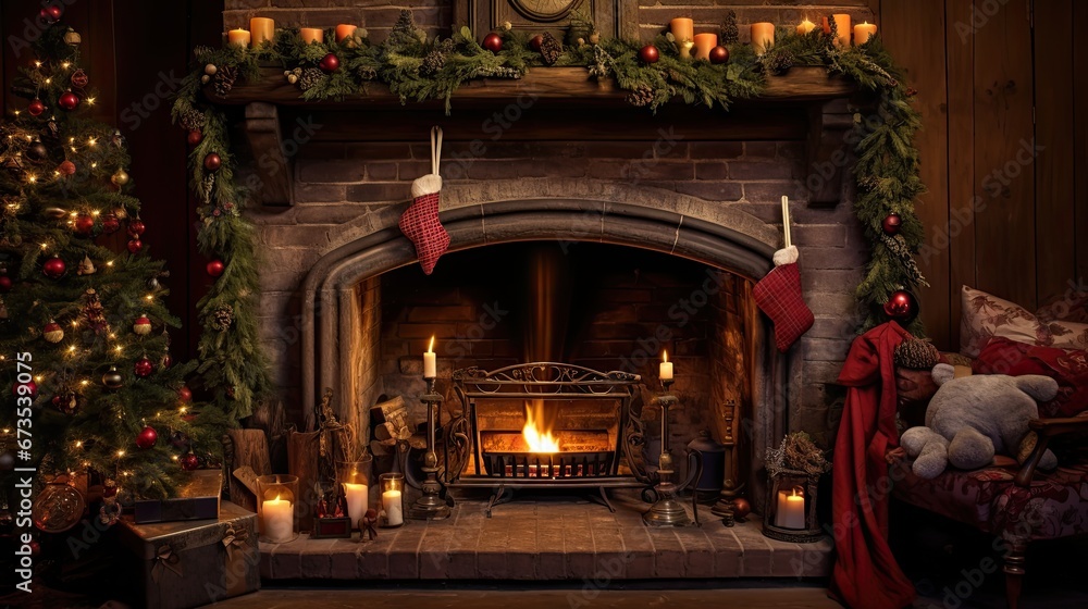 Cozy fireplace with beautiful christmas decoration.