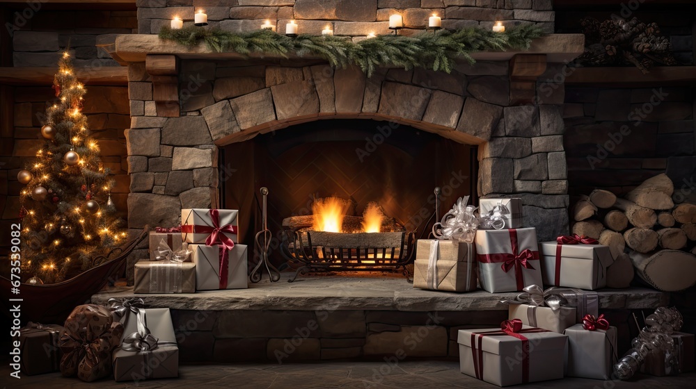 Cozy fireplace with beautiful christmas decoration.