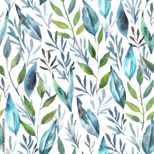 Watercolor seamless pattern with dark green plants. Hand drawn artistic print for design and textile