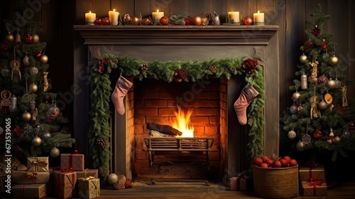 Cozy fireplace with beautiful christmas decoration.