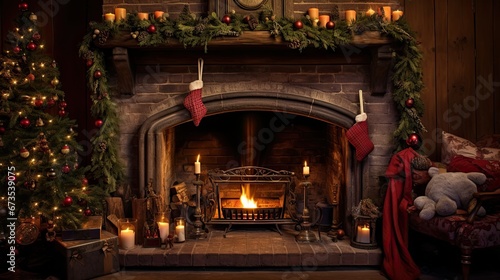 Cozy fireplace with beautiful christmas decoration.