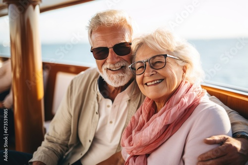 happy elderly couple having fun on the ship. pensioners traveling on a cruise ship