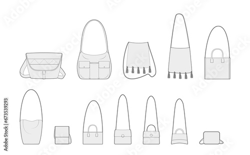 Set of Cross-Body Bags silhouette. Fashion accessory technical illustration. Vector satchel front 3-4 view for Men, women, unisex style, flat handbag CAD mockup sketch outline isolated