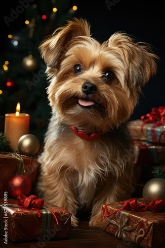 Cute Yorkshire Terrier dog next to Christmas boxes, Christmas lights.  © Виктория Попова