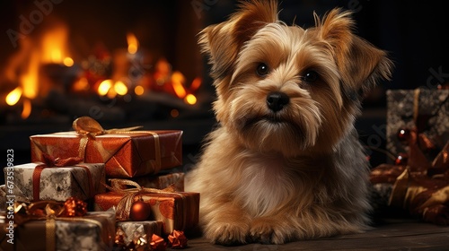 Cute Yorkshire Terrier dog next to Christmas boxes, Christmas lights.  © Виктория Попова