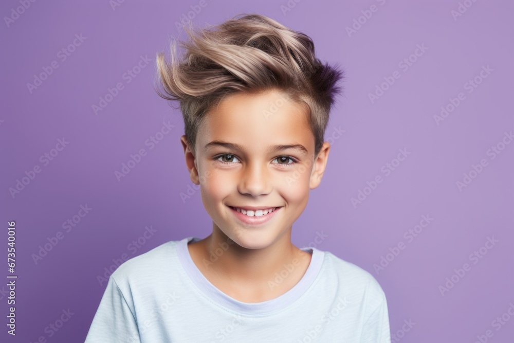 Beauty and fashion. Portrait of a smiling little boy with trendy hairstyle on purple background Beauty and fashion. Portrait of a smiling little boy with trendy hairstyle on purple background