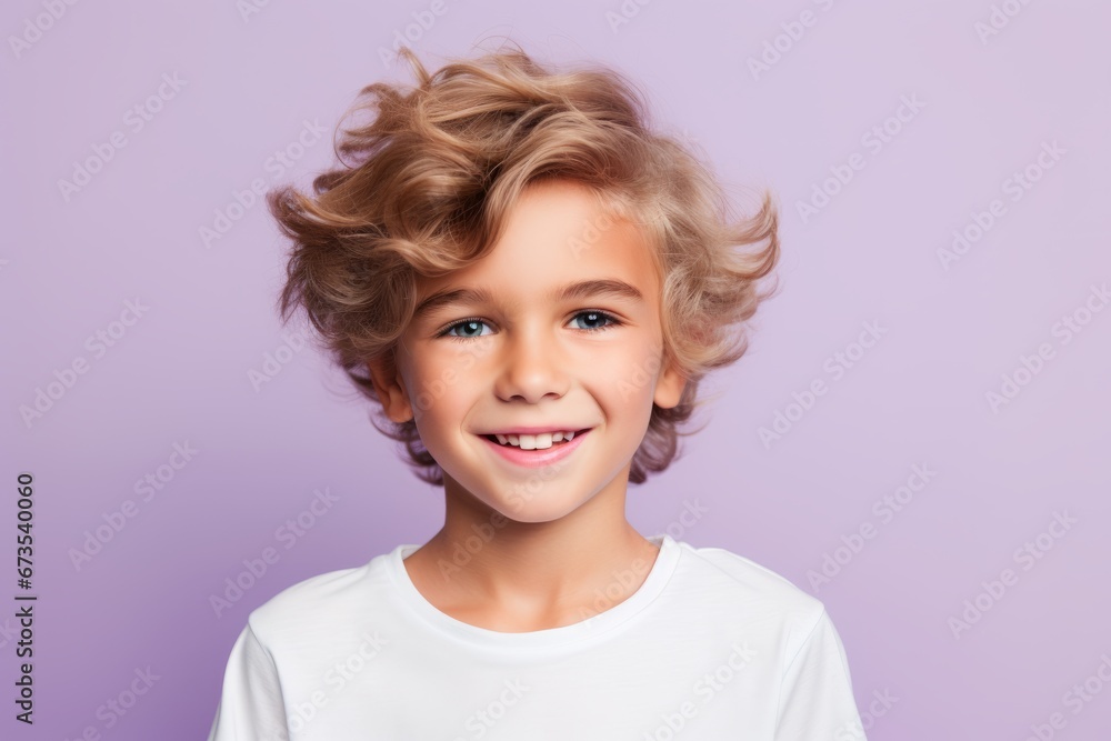 Closeup portrait of a cute smiling little girl with blond curly hair, isolated on violet background Closeup portrait of a cute smiling little girl with blond curly hair, isolated on violet background