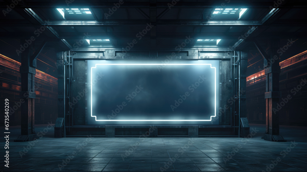 Blank billboard in dark city place like factory or subway, digital screen mockup with led light. Space for advertising in urban underground. Concept of industry, street, banner - obrazy, fototapety, plakaty 