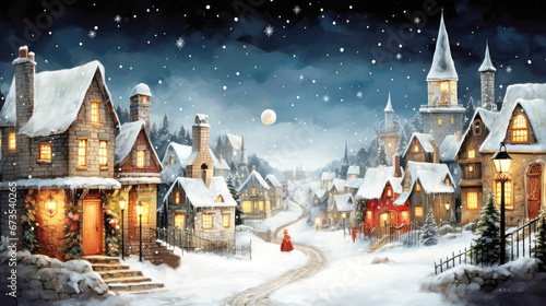 Winter Christmas illustration with old town, Magical Holiday Charm, Snowy street, horizontal banner, New Year or Christmas Card © Viktoriia Protsak