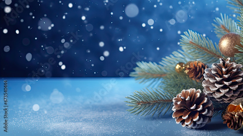Christmas card with tree branches and pine cones. Merry Xmas background with lights on blue snowy surface. Happy New Year.